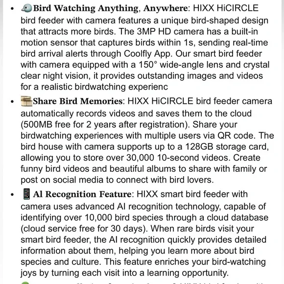 HIXX® Bird Feeder w/ Camera Solar Power Live Bird Watching Camera w/ AI Identify - Picture 12 of 13